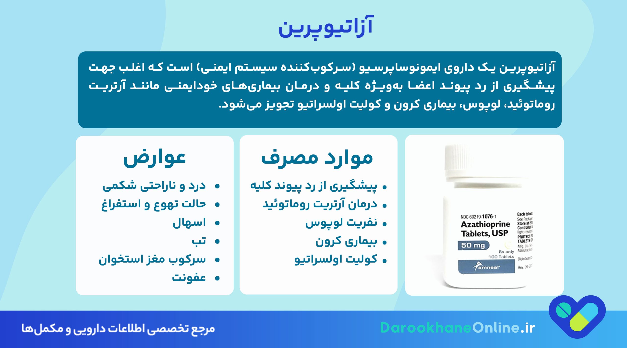 آزاتیوپرین چیست؟ موارد مصرف، عوارض، دوز مصرف و هشدارها + نکات مهم برای بیماران پیوند و خودایمنی 26 آزاتیوپرین چیست؟ موارد مصرف، عوارض، دوز مصرف و هشدارها + نکات مهم برای بیماران پیوند و خودایمنی