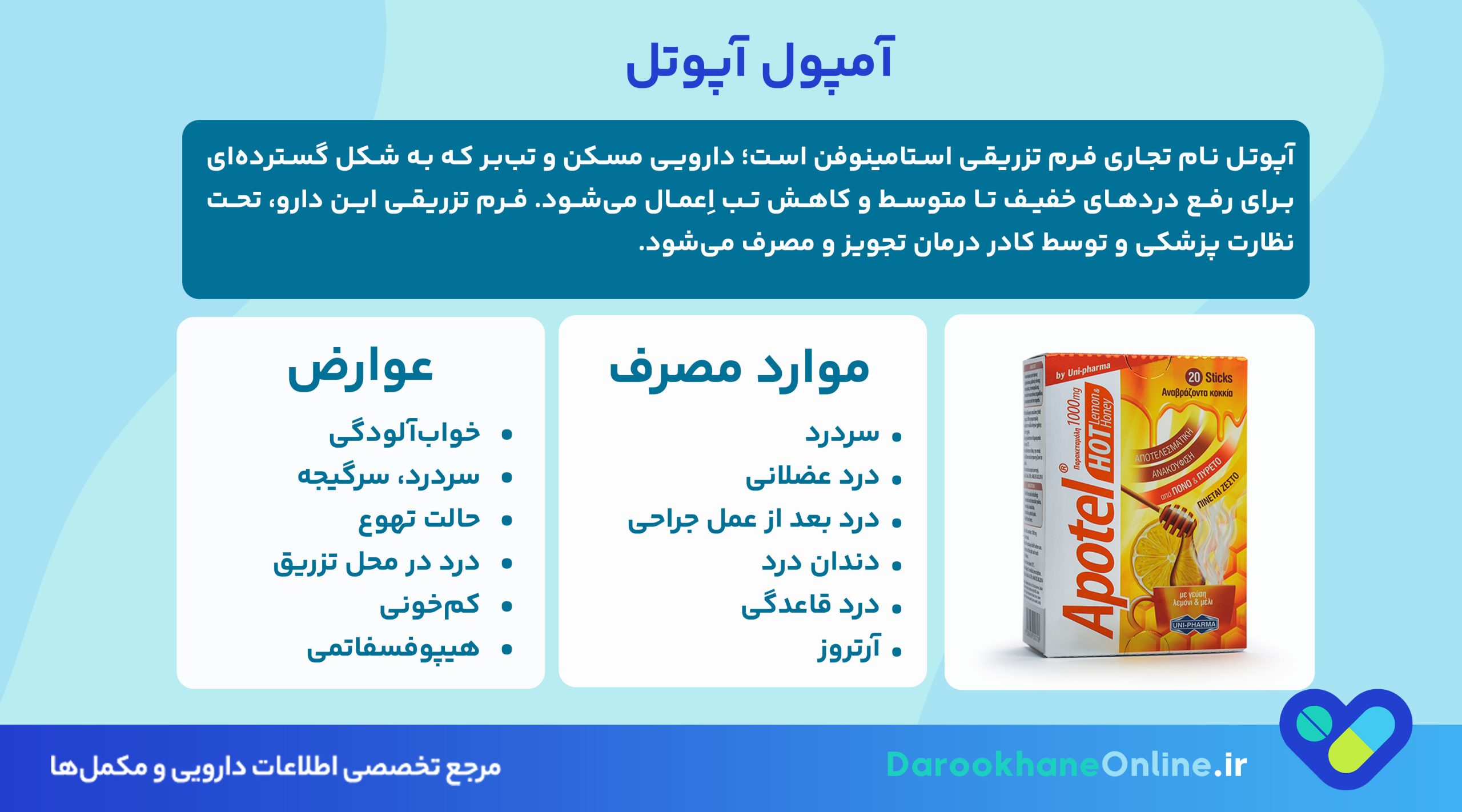 آمپول آپوتل (استامینوفن تزریقی): موارد مصرف، دوز، عوارض و نکات مهم + راهنمای کامل پزشک و داروساز 27 آمپول آپوتل (استامینوفن تزریقی): موارد مصرف، دوز، عوارض و نکات مهم + راهنمای کامل پزشک و داروساز