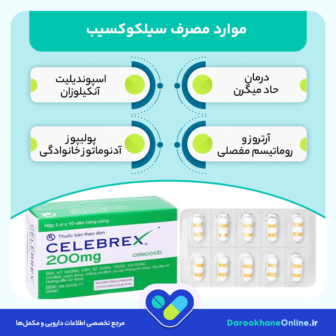 سلکوکسیب (Celecoxib) چیست؟ موارد مصرف، عوارض، هشدارها و راهنمای کامل مصرف داروی میگرن 28 سلکوکسیب (Celecoxib) چیست؟ موارد مصرف، عوارض، هشدارها و راهنمای کامل مصرف داروی میگرن