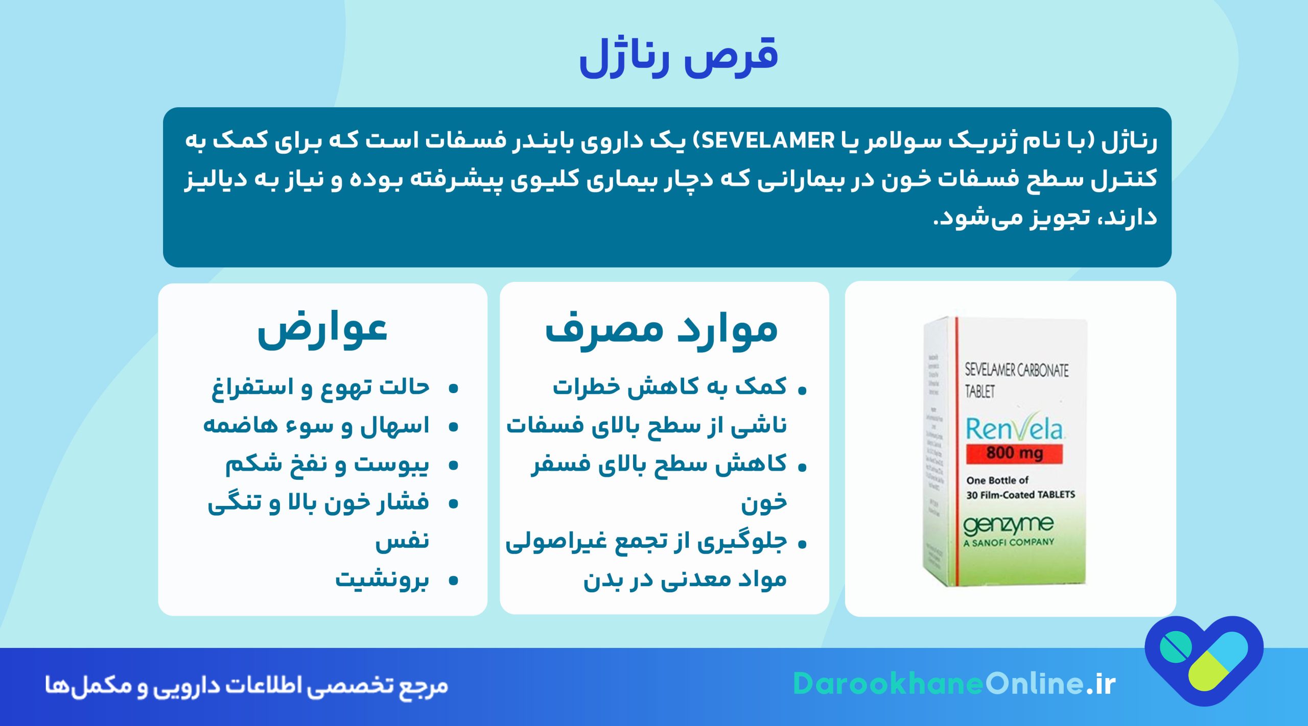 قرص رناژل (Renagel): کاربرد، نحوه مصرف، عوارض و تداخلات دارویی کنترل فسفات خون