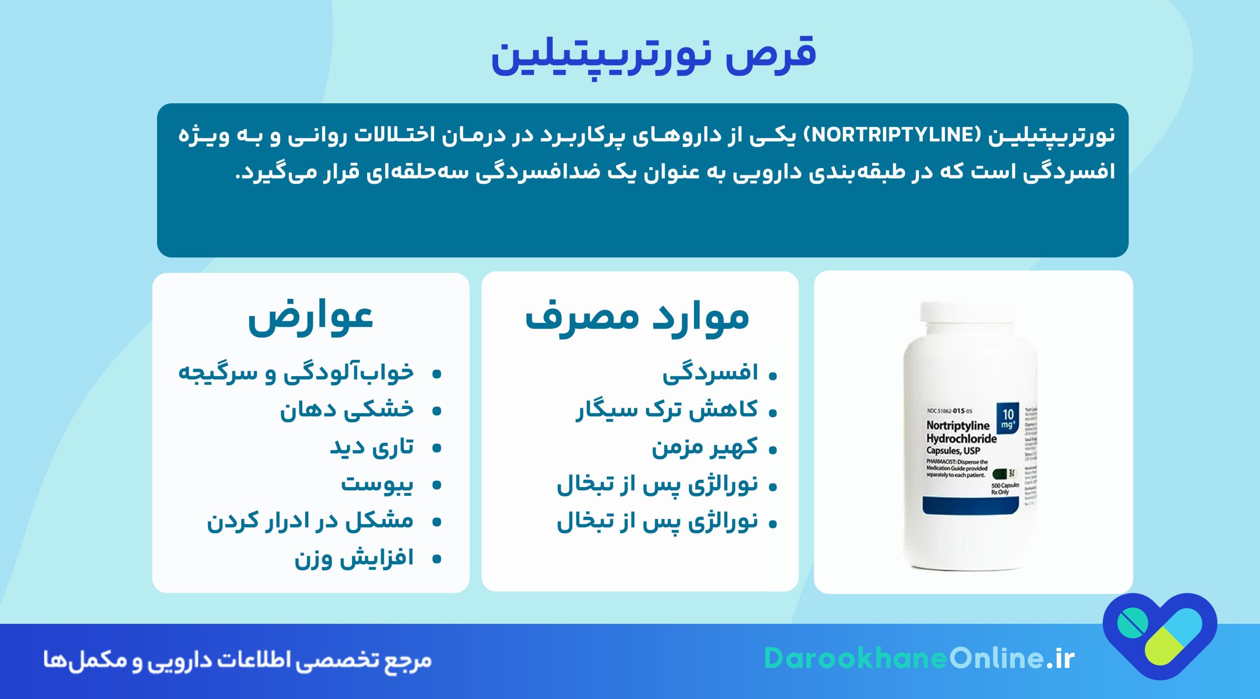 قرص نورتریپتیلین 10 چیست؟ موارد مصرف، عوارض، هشدارها و تداخل دارویی + نحوه مصرف اصولی