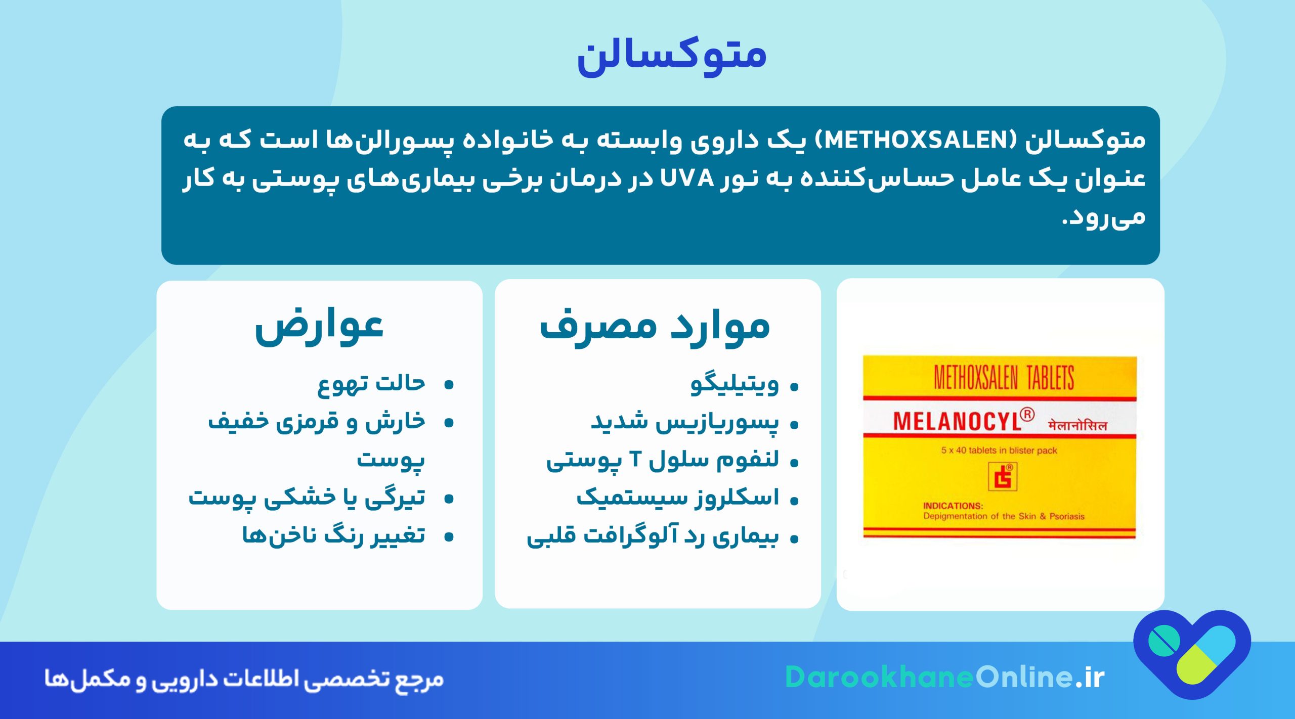 متوکسالن چیست؟ موارد مصرف، عوارض و نحوه درمان بیماری‌های پوستی با متوکسالن و نور UVA