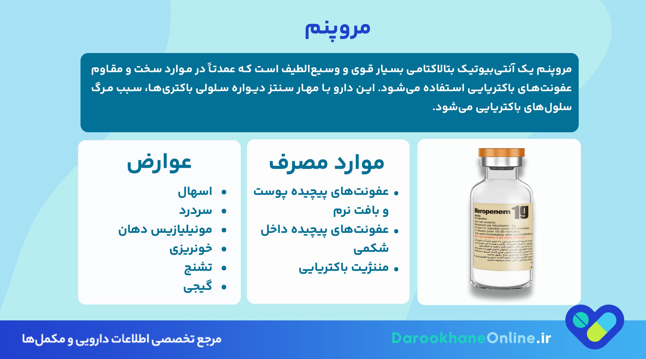 مروپنم (Meropenem) چیست؟ موارد مصرف، عوارض، دوز و نکات مهم آنتیبیوتیک قوی ضدعفونت 26 مروپنم (Meropenem) چیست؟ موارد مصرف، عوارض، دوز و نکات مهم آنتیبیوتیک قوی ضدعفونت