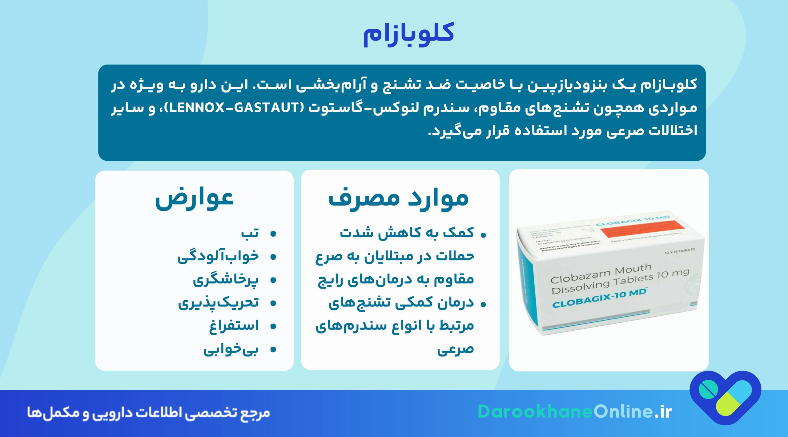 کلوبازام (Clobazam) چیست؟ موارد مصرف، عوارض، دوز مصرفی و هشدارهای مهم داروی ضد تشنج 26 کلوبازام (Clobazam) چیست؟ موارد مصرف، عوارض، دوز مصرفی و هشدارهای مهم داروی ضد تشنج