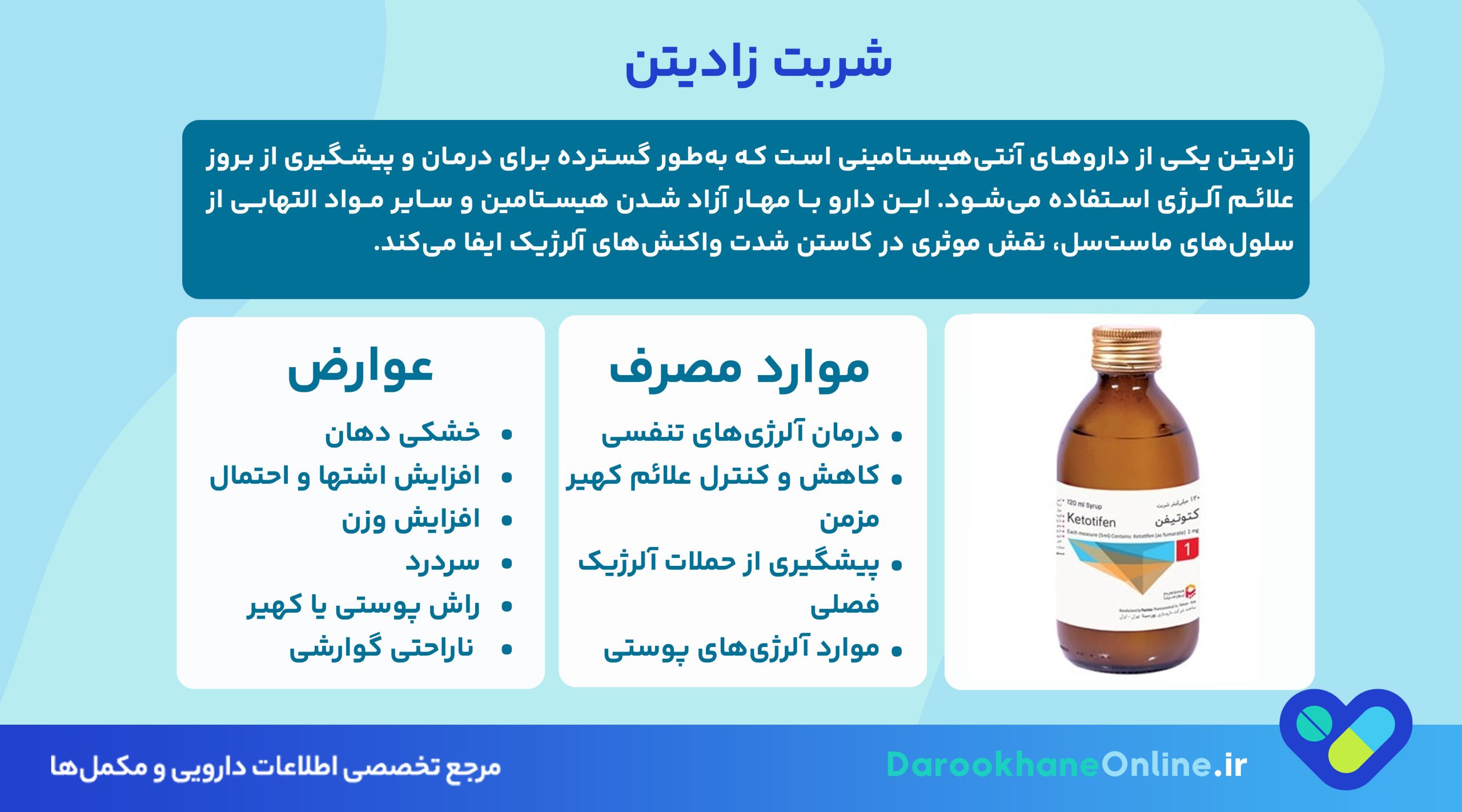 شربت زادیتن (کتوتیفن)؛ موارد مصرف، عوارض، نحوه مصرف و نکات مهم برای درمان آلرژی و آسم