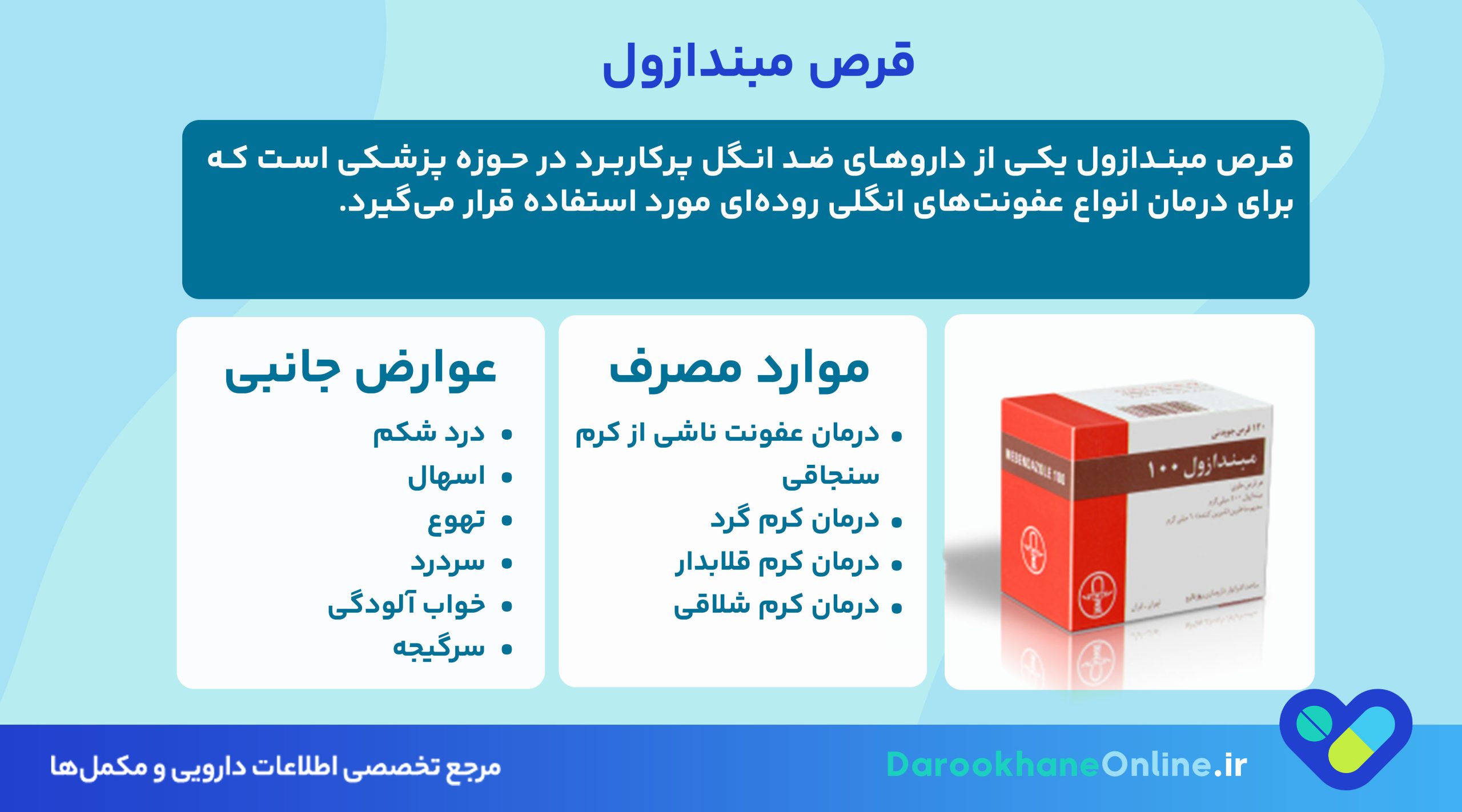 قرص مبندازول چیست و برای درمان چه عفونت‌هایی استفاده می‌شود؟ موارد مصرف، نحوه مصرف و عوارض قرص Mebendazole