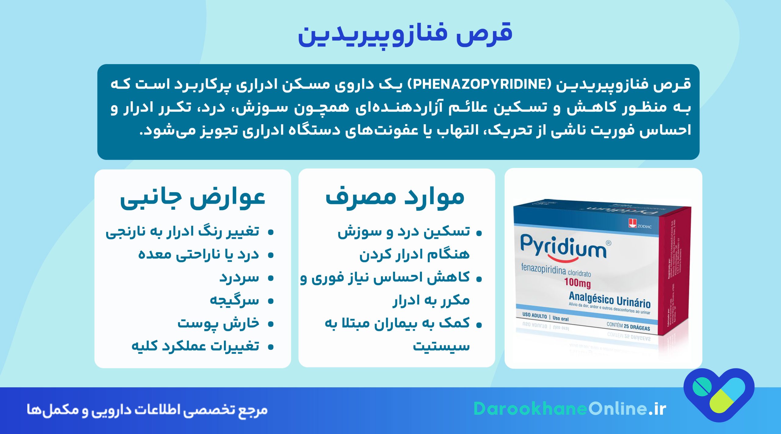قرص فنازوپیریدین: موارد مصرف، نحوه مصرف، عوارض و نکات مهم برای تسکین درد و سوزش ادراری 27 قرص فنازوپیریدین: موارد مصرف، نحوه مصرف، عوارض و نکات مهم برای تسکین درد و سوزش ادراری